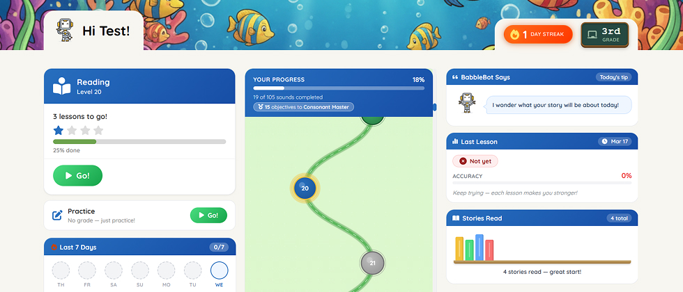 Student dashboard showing reading progress, story map, and activity feed in BabbleBot.